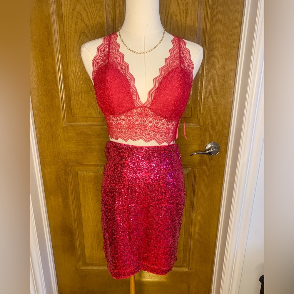 Pink Lace Bralette Top + Sequin Hot Pink Mini Skirt